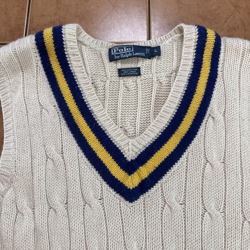 Polo Ralph Lauren Cricket Sweater Vest Sz L Mens Beige Linen Cashmere Cable Knit - Picture 2 of 5